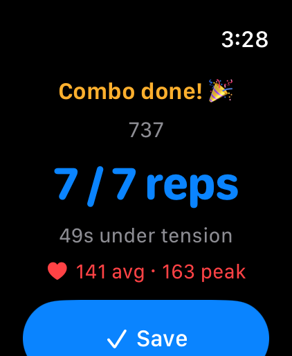 Combo summary with reps and heart rate