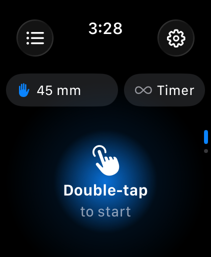 Apple Watch home screen showing grip and double-tap to start